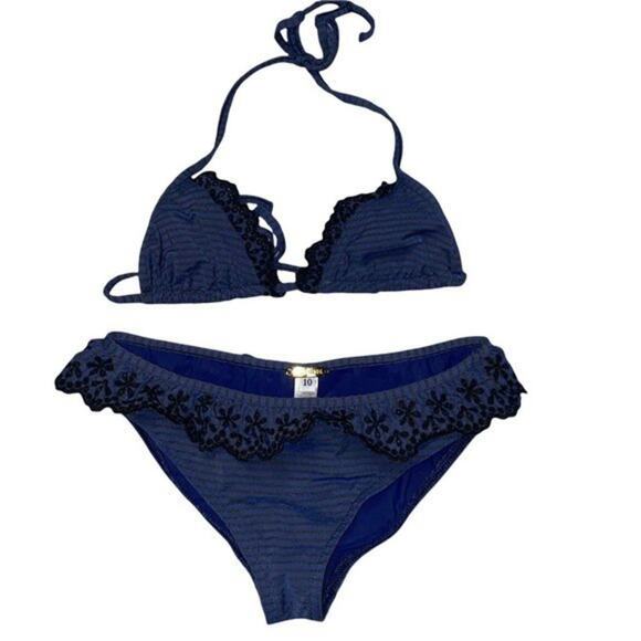 Tooshie Swim Blue Striped Black Embroidered Halter Bikini Bathing Suit size 10 - Picture 1 of 4